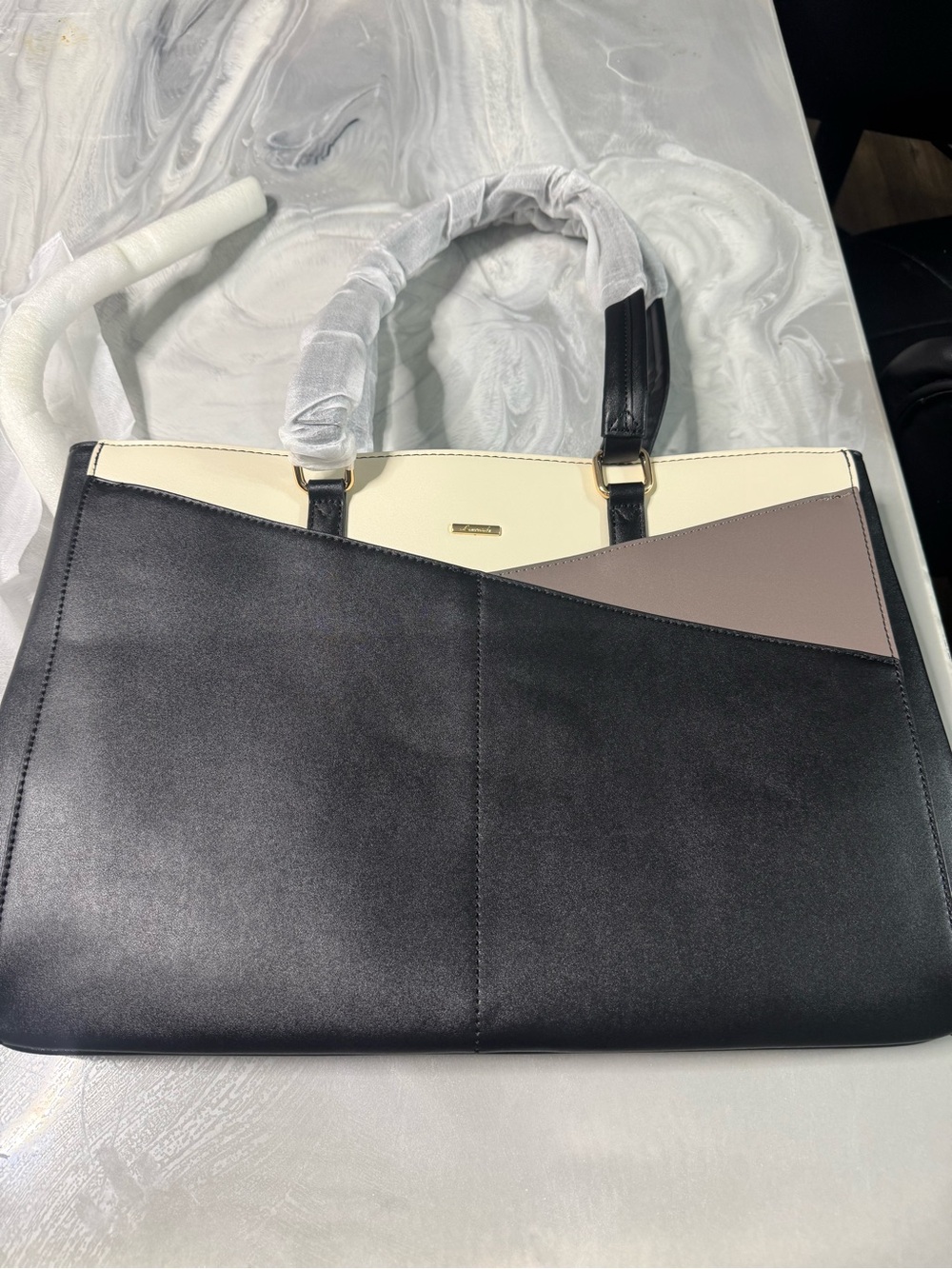 Elegant Black & Cream Colorblock Tote Bag with Taupe Accent